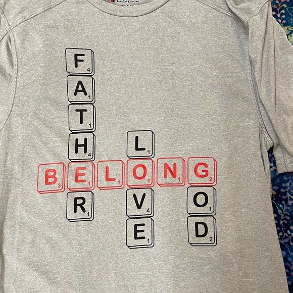 Champion Performance Vapor Belong 1 John 1:3 Scrabble Tile Shirt Size Small - Picture 3 of 8
